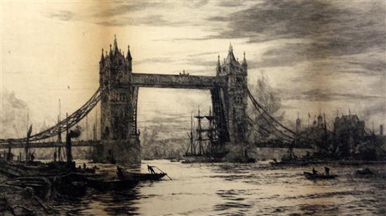 William Lionel Wyllie (1851-1931) Tower Bridge, overall 13.5 x 22.5in.